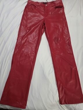 Zara Red Faux Leather Pants Straight Leg High Rise NWT Size L